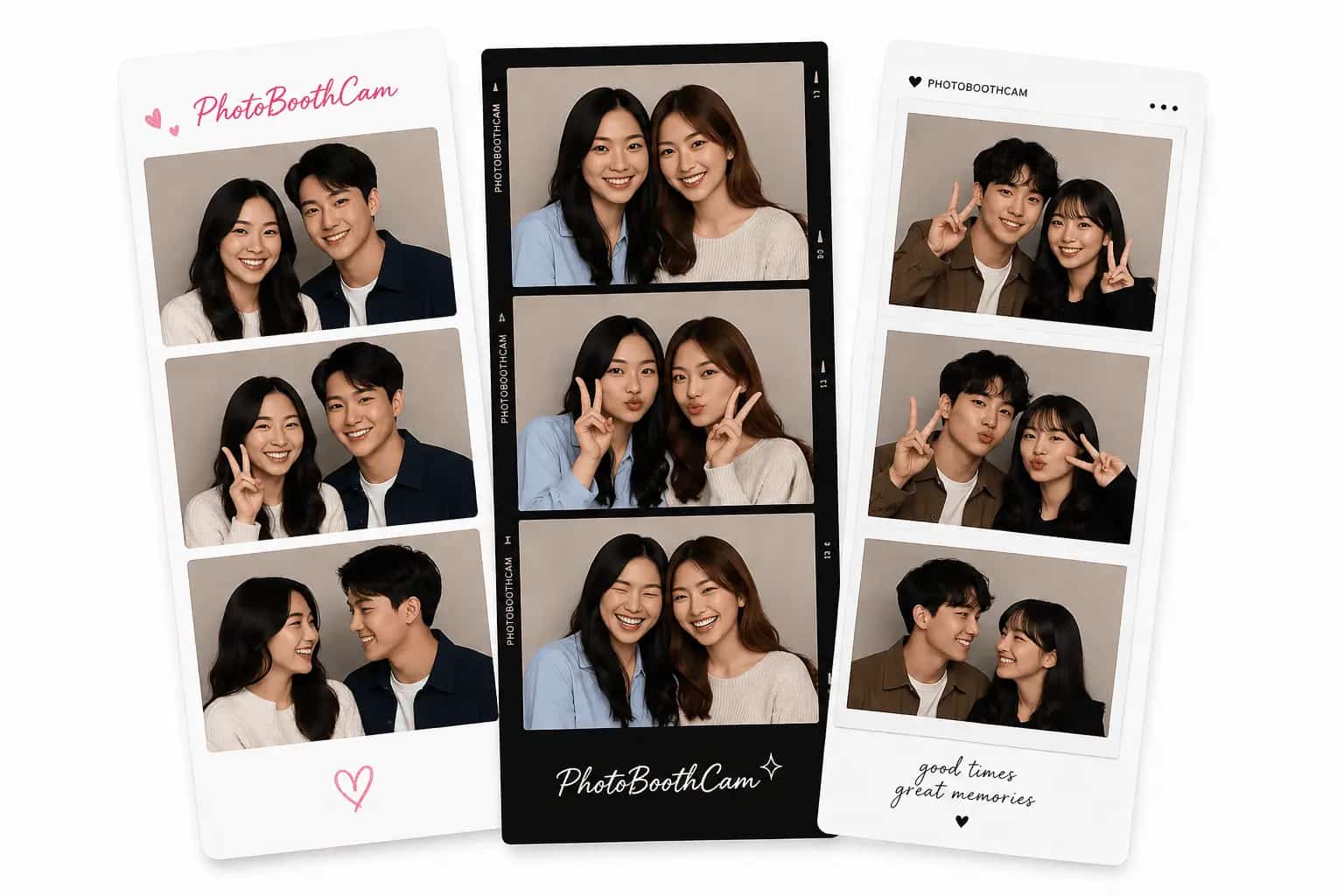 Example photo booth strips showing couples posing together